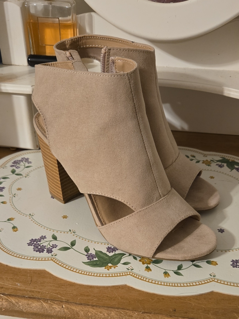 Lauren Conrad Beige Suede Open-Toe Block Heel Sandals